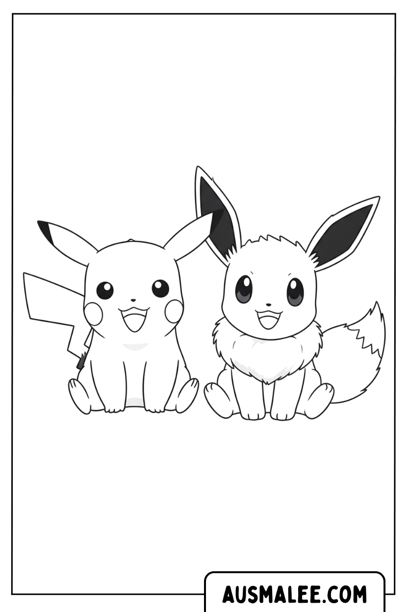 Ausmalbild Pikachu Und Eevee Sitzen