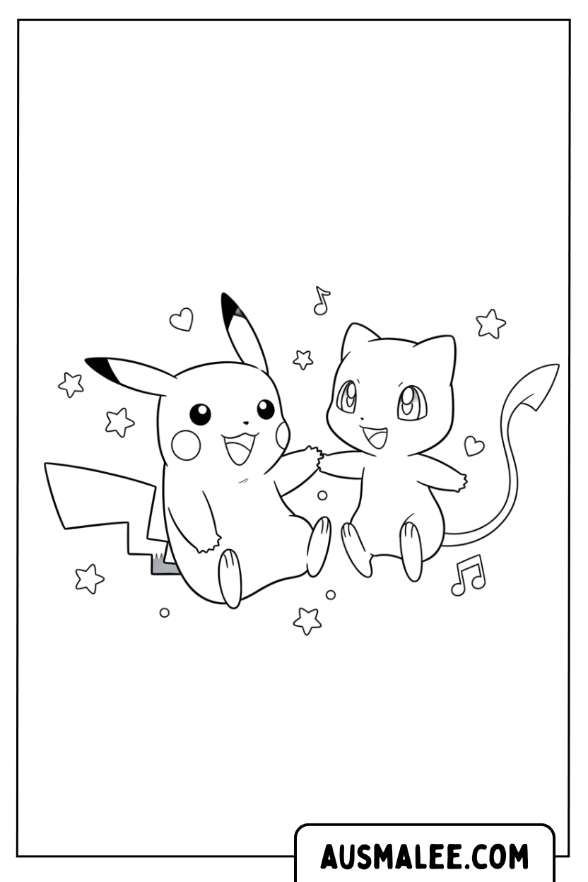 Ausmalbild Pikachu Und Mew Tanzen