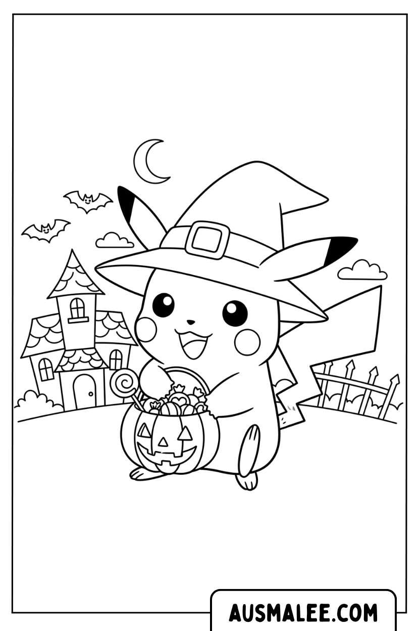 Coloriage Pikachu en costume de sorcière