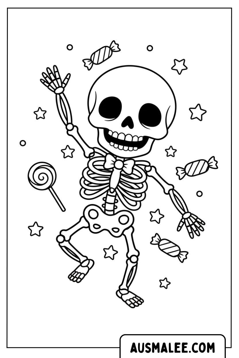 Coloriage Squelette dansant avec des bonbons pour Colorier