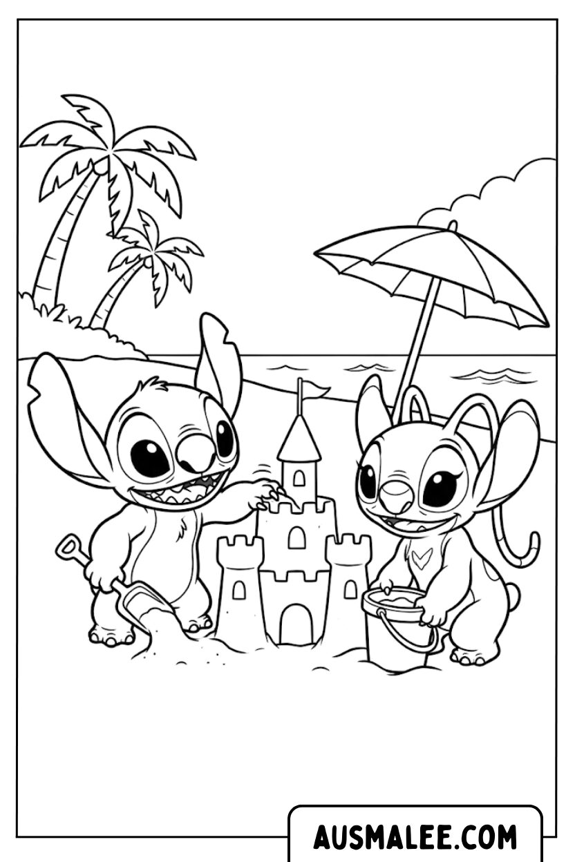 Stitch Angel bouwt zandkasteel kleurplaat