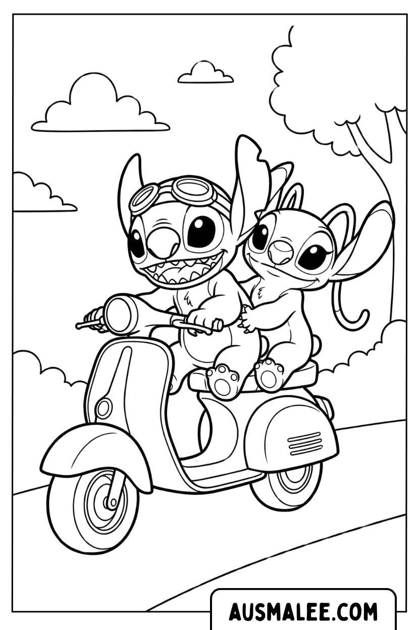Stitch Angel rijdende scooter kleurplaat