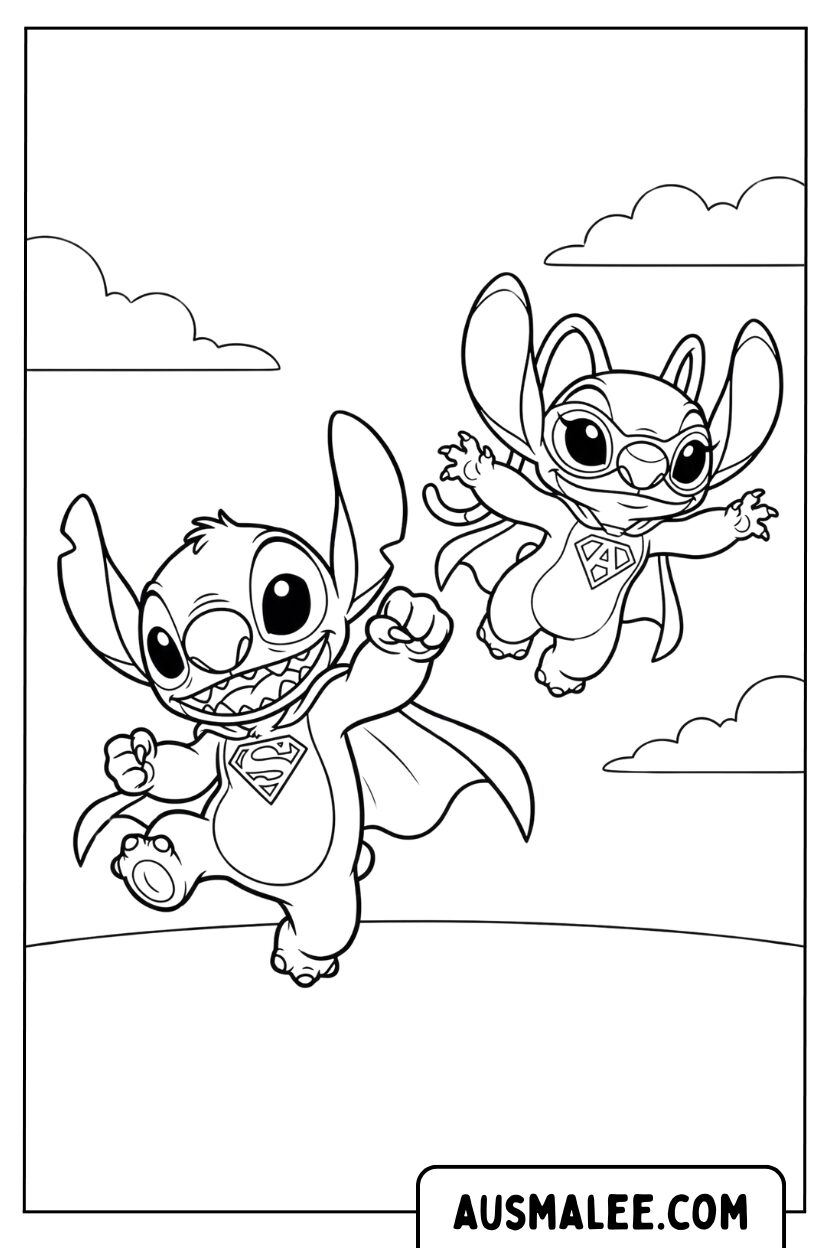 Stitch Angel vliegende superheld kleurplaat