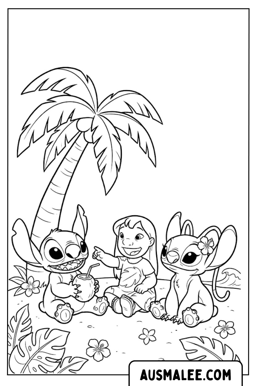 Kleurplaat Stitch Angel Lilo rust onder de palmboom