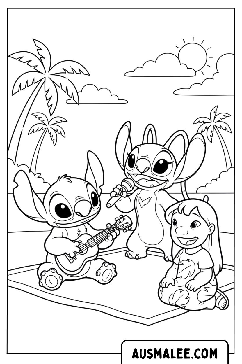 Kleurplaat Stitch Angel Lilo zingt