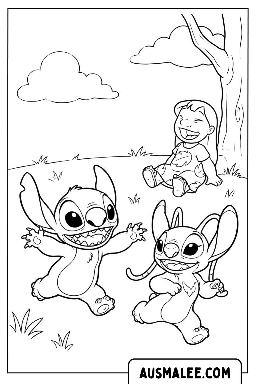 Kleurplaat Stitch Angel Lilo speelt boom