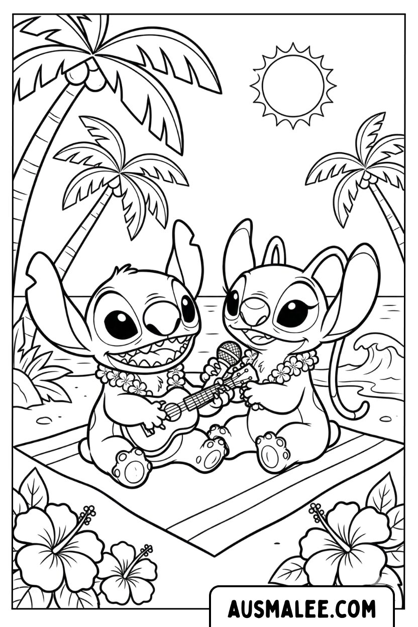 Kleurplaat Stitch Angel zingt Hawaï