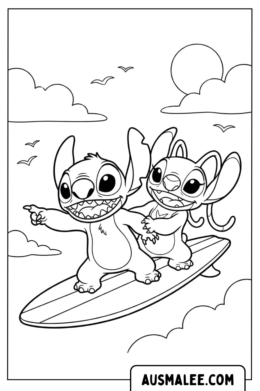 Stitch Angel Surfing kleurplaat
