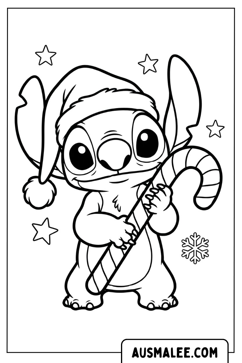 Stitch Holding Candy Cane Kerst kleurplaat