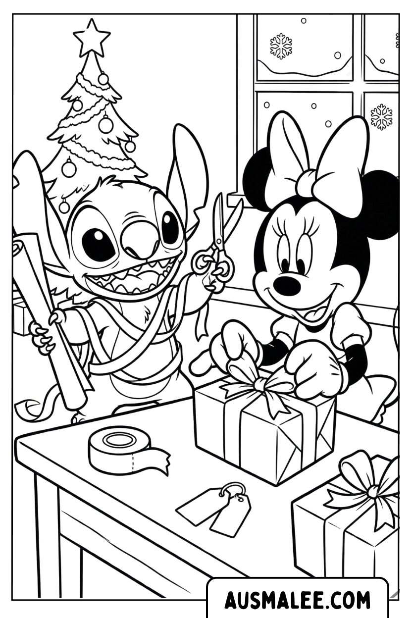 Kleurplaat Stitch Minnie Mouse cadeaus inpakken