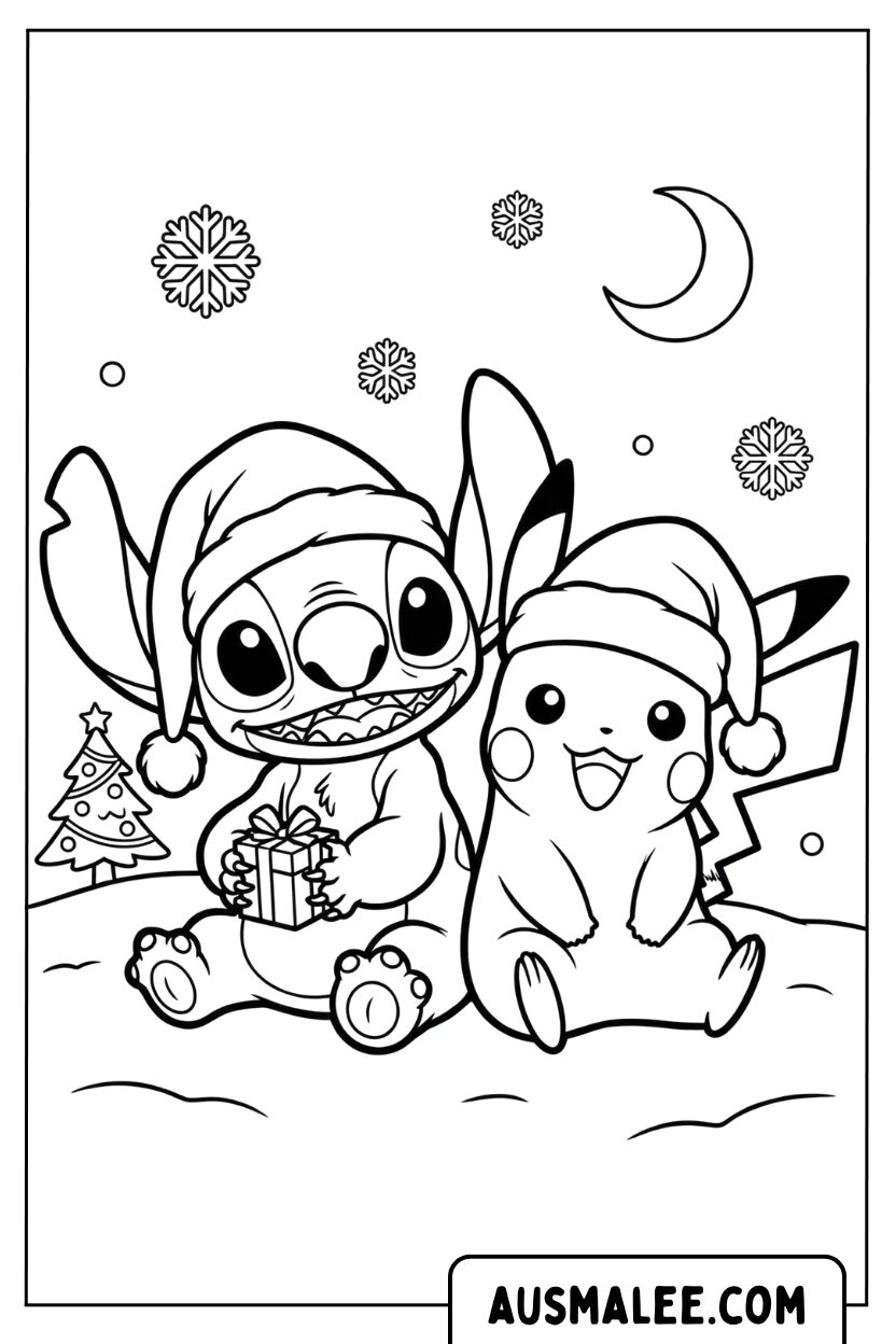 Stitch Pikachu in de sneeuw Kerst kleurplaat