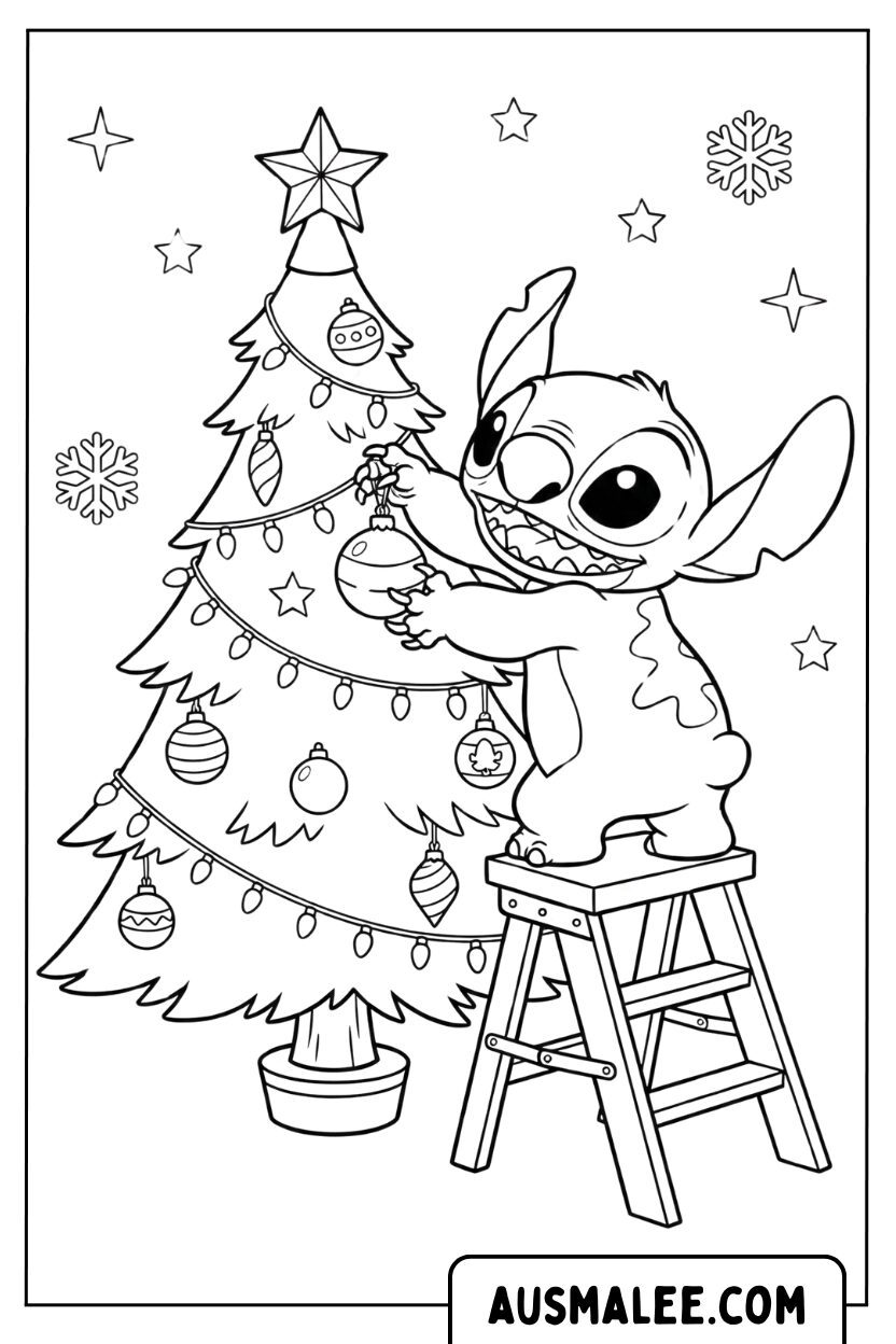 Kleurplaat Stitch versiert kerstboom