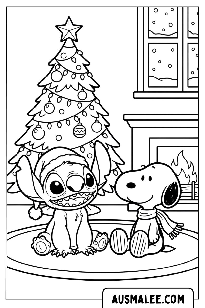 Kleurplaat Stitch Snoopy kerstopen haard