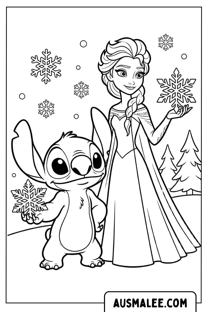 Stitch en Elsa in de sneeuw kleurplaat