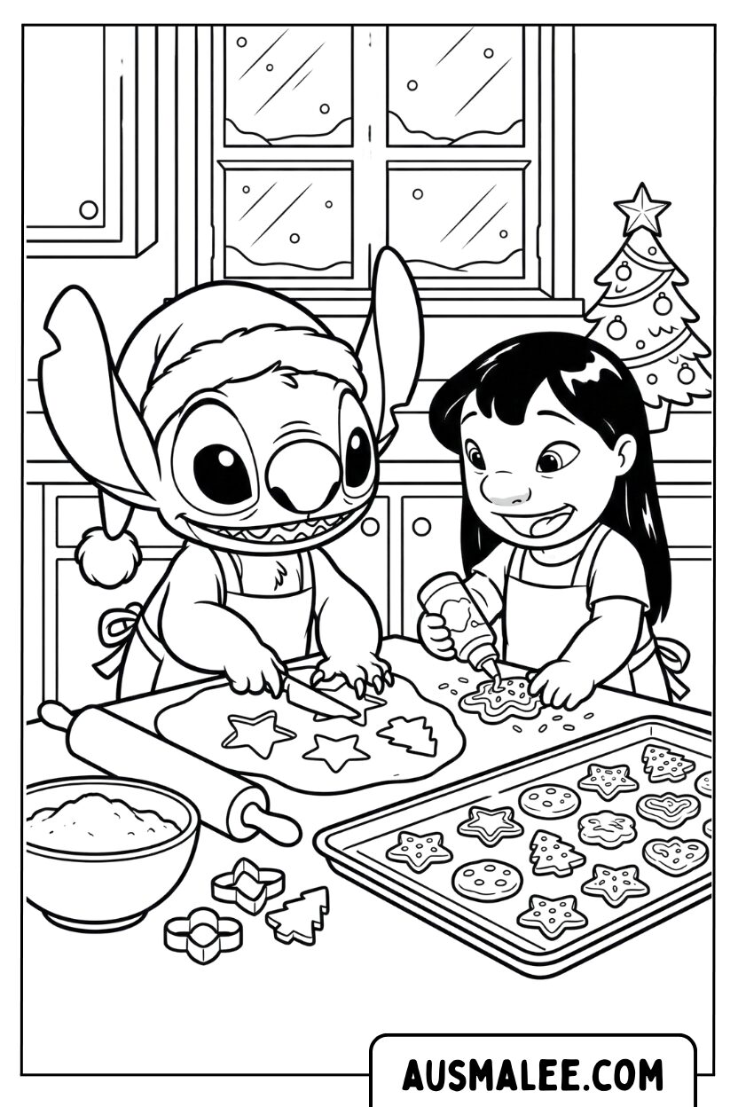 Kleurplaat Stitch en Lilo koekjes bakken
