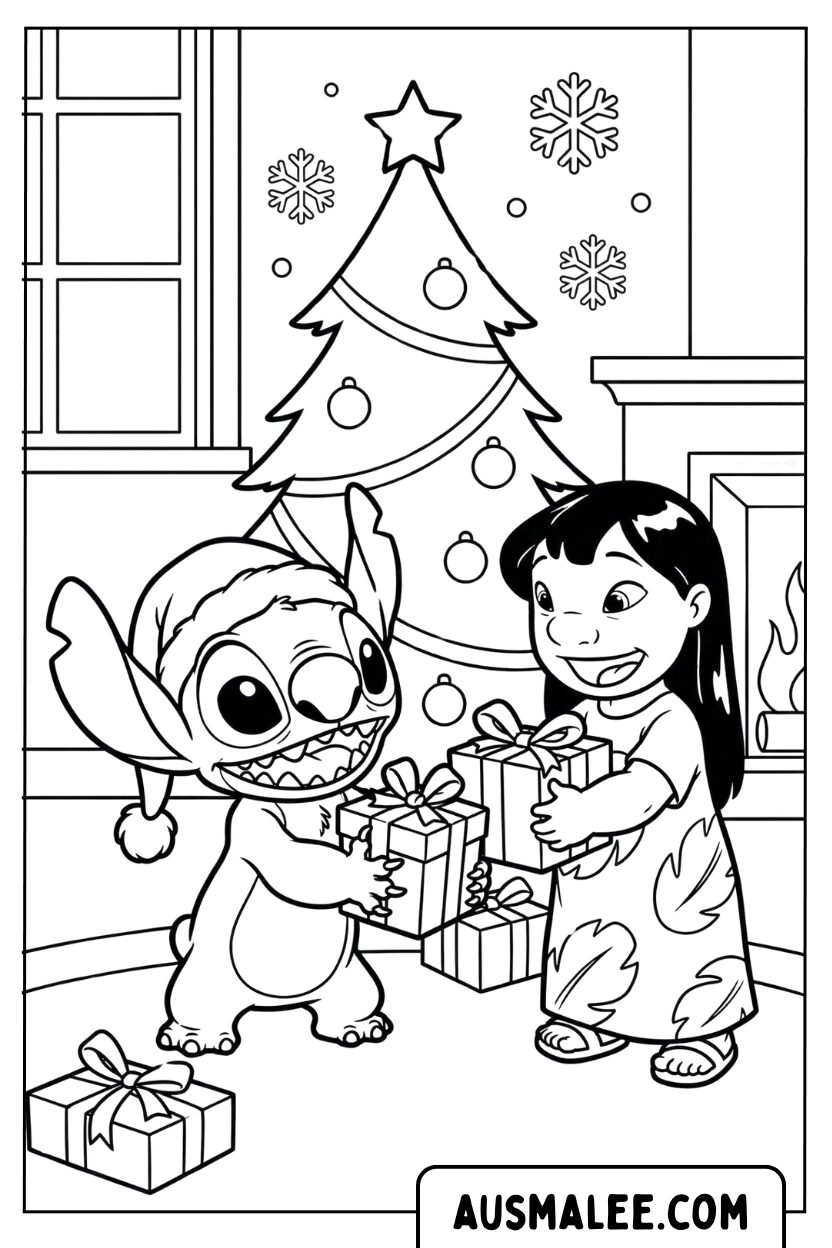 Stitch en Lilo wisselen cadeaus uit Kleurplaat