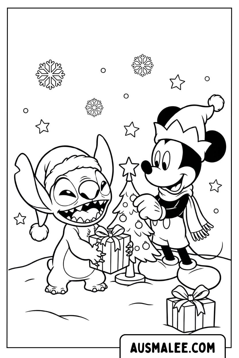 Stitch en Mickey Mouse kerstkleurplaat