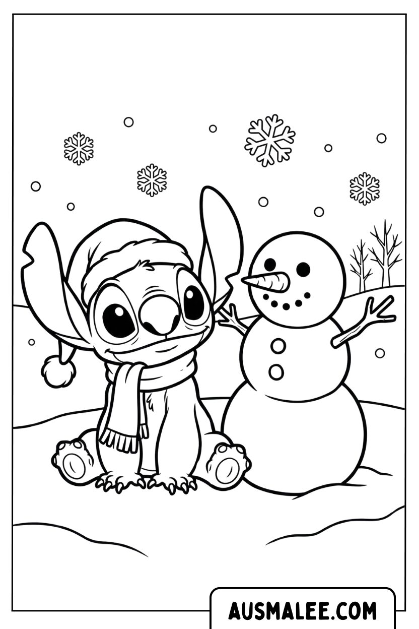 Stitch en sneeuwpop in de sneeuw kleurplaat