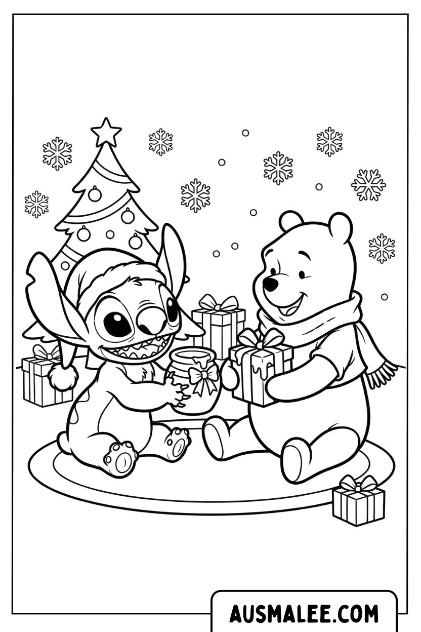 Borduur Winnie de Poeh kleurplaat cadeaus uitwisselen