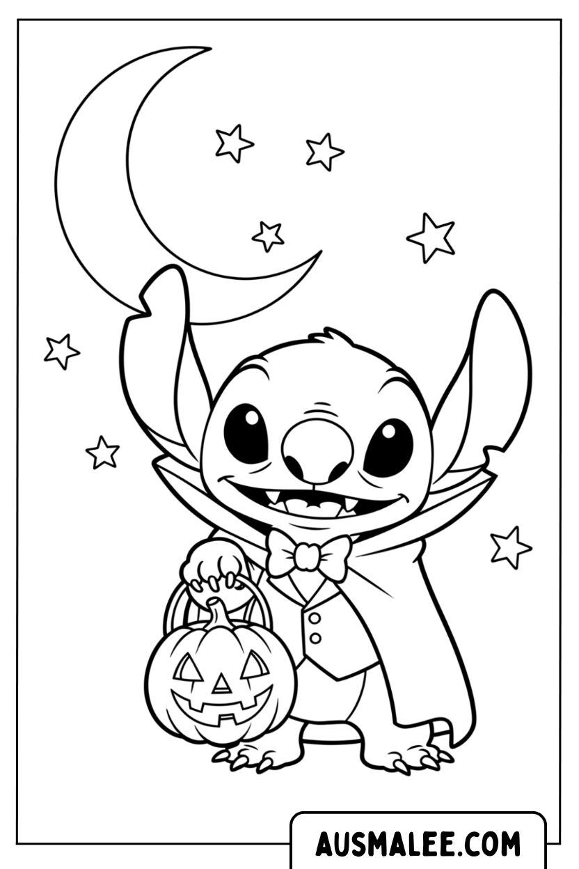 Coloriage Stitch en vampire avec une citrouille
