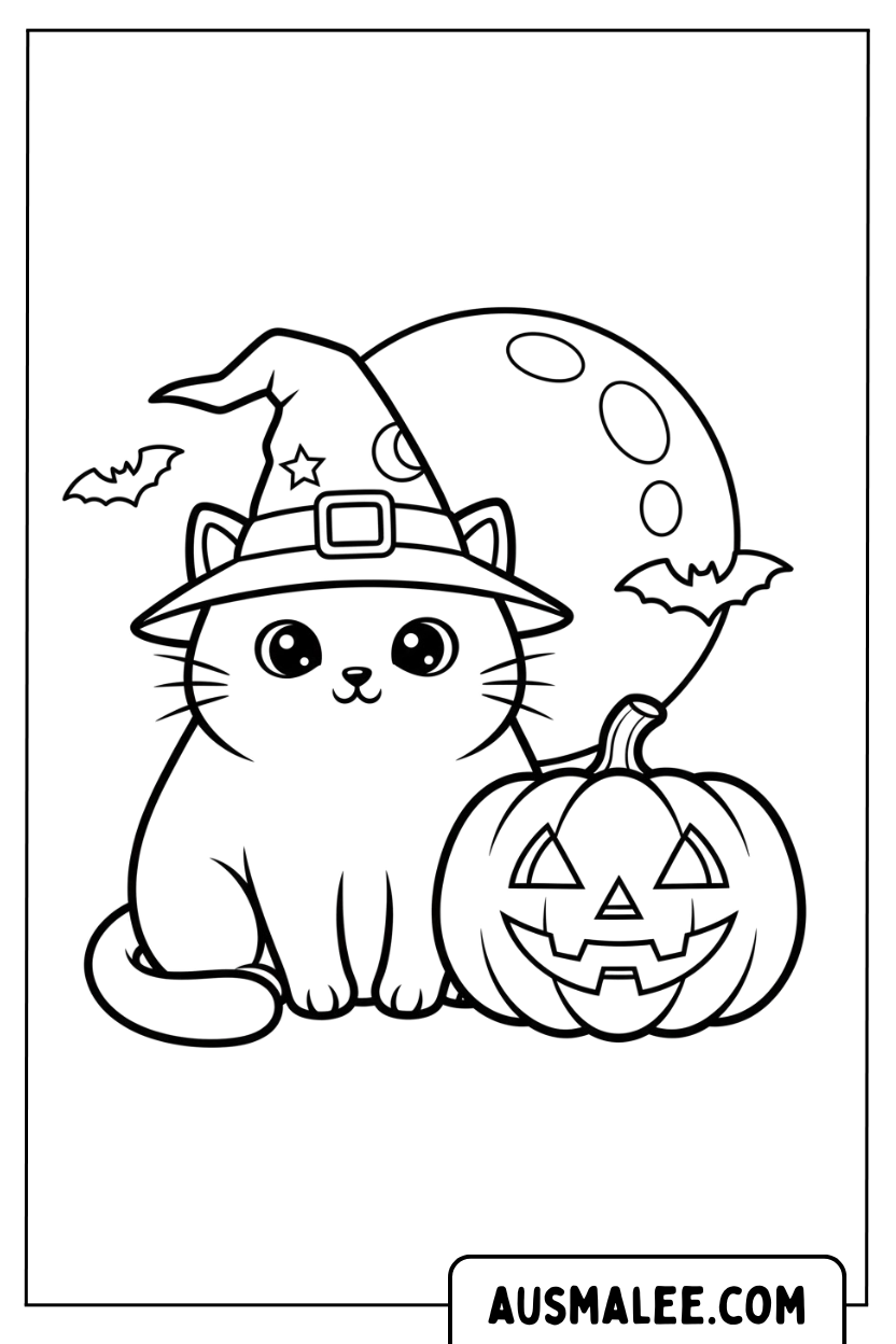 Coloriage chat mignon avec chapeau de sorcière et citrouille