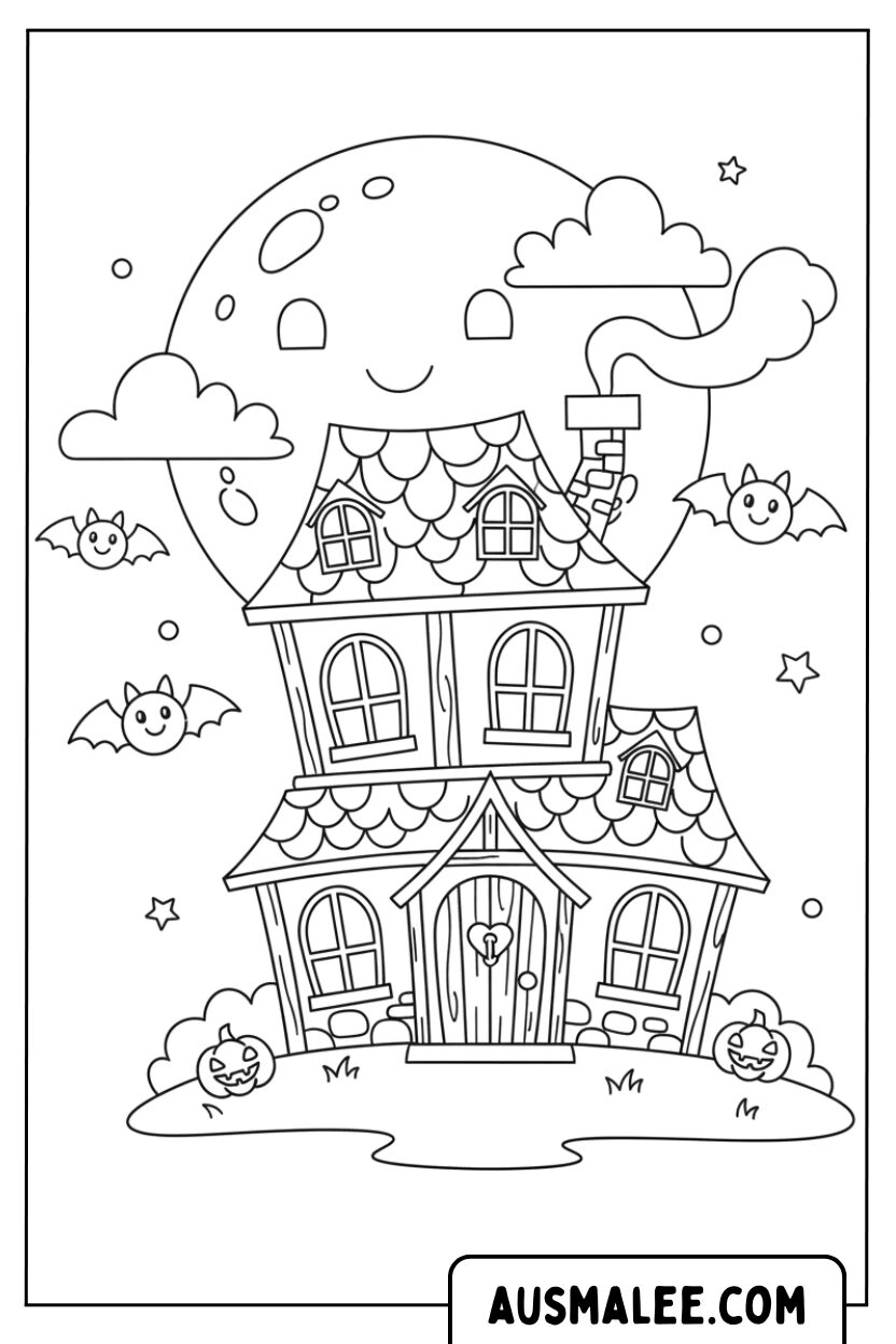 Coloriage Douce maison hantée sous la lune