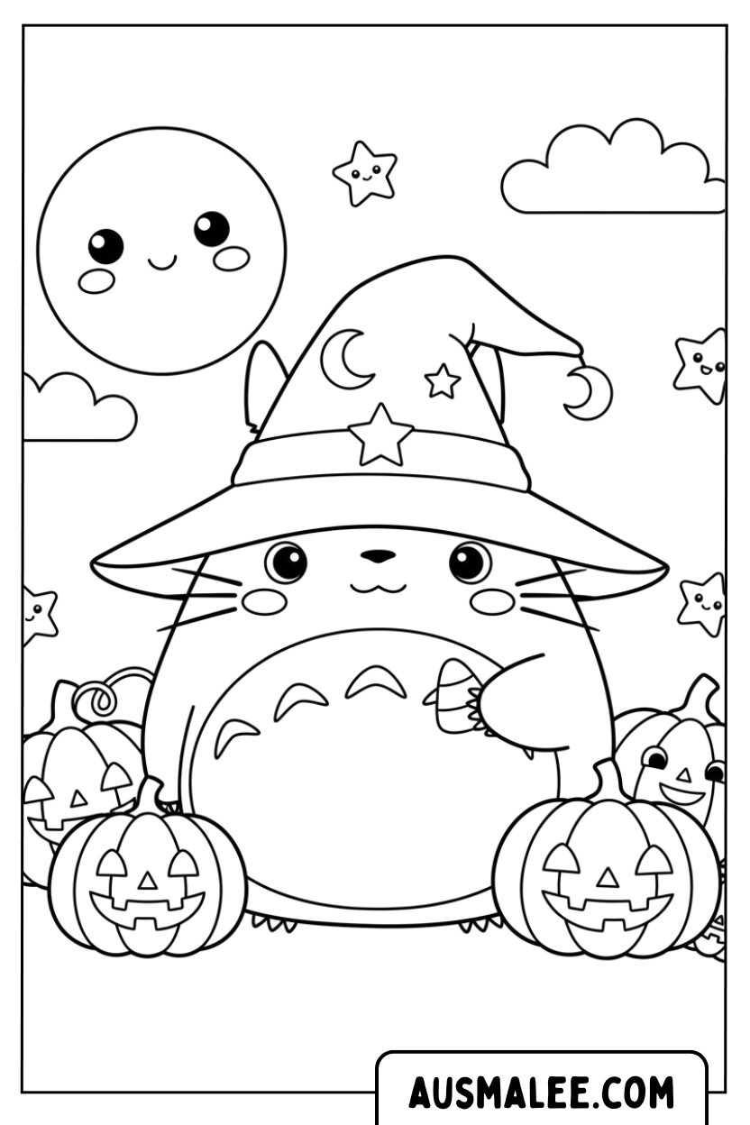 Coloriage Totoro avec chapeau de sorcière et citrouilles