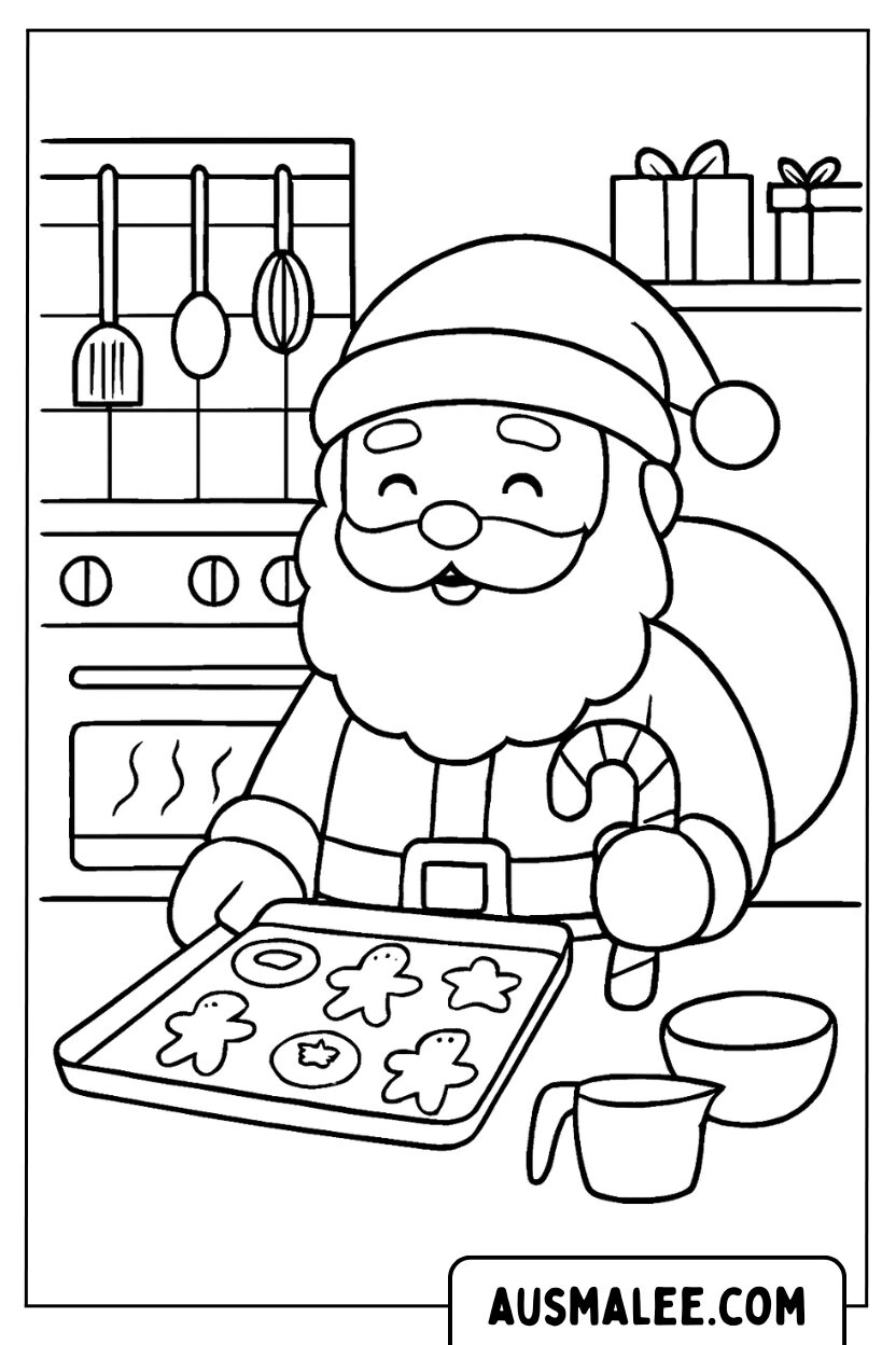 Coloriage Le Père Noël prépare des biscuits