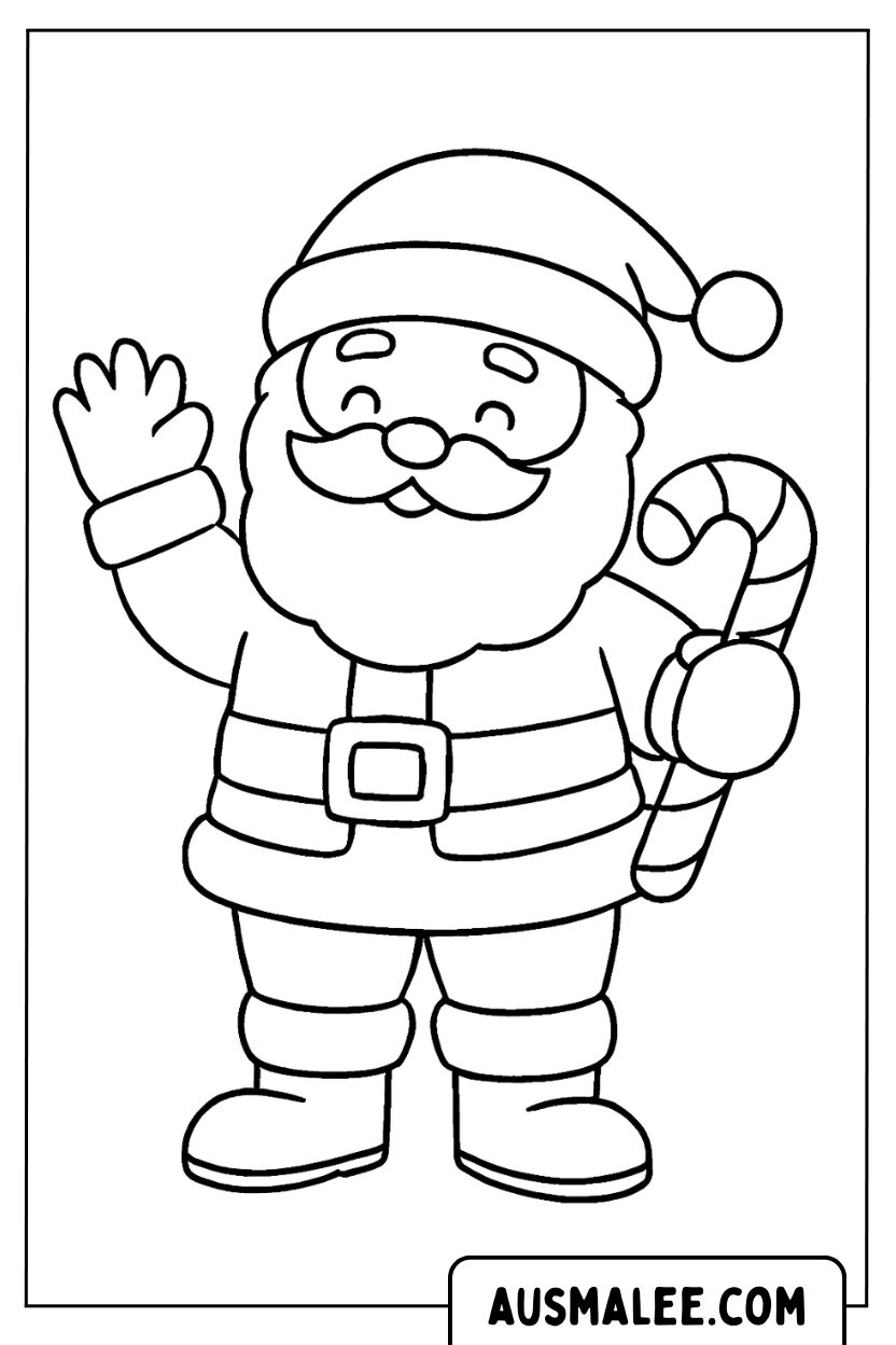 Coloriage de Père Noël tenant une canne en bonbon pour Colorier