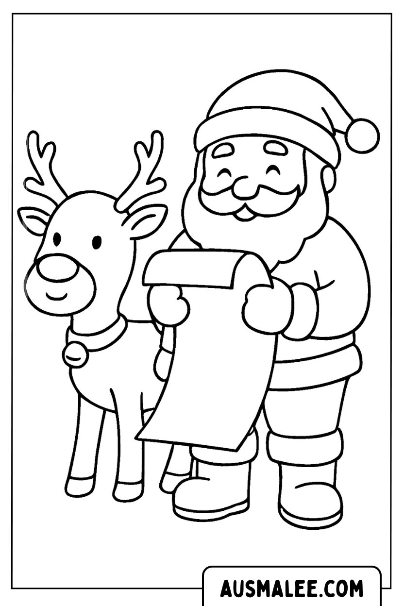 Coloriage Père Noël lisant la liste de souhaits