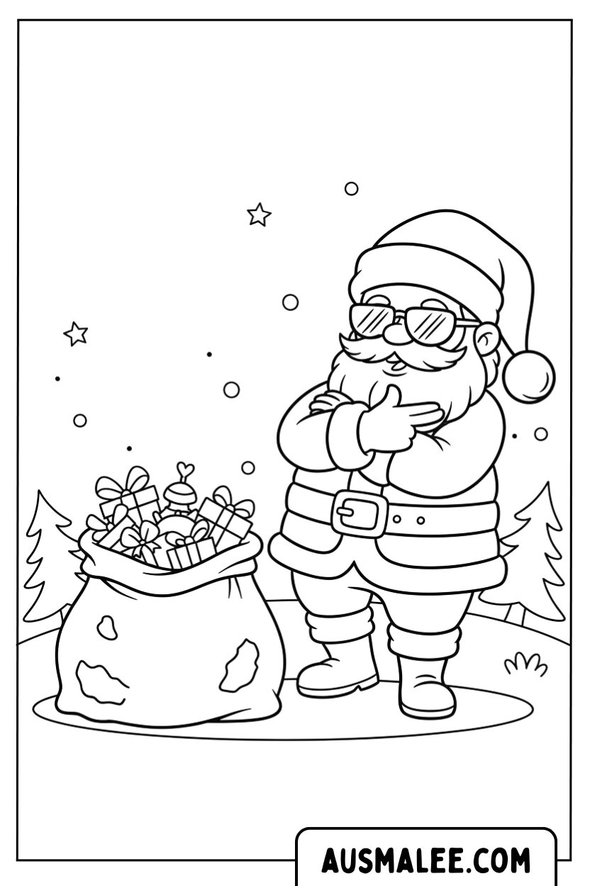 Coloriage Père Noël avec sac de lunettes de soleil