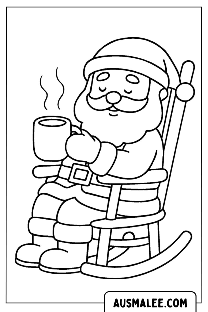 Coloriage Père Noël au repos avec chaise à bascule