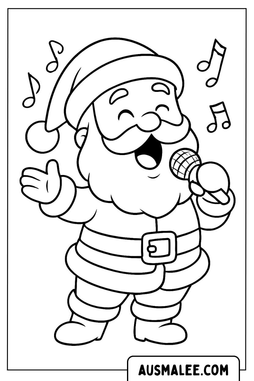 Coloriage Le Père Noël chante dans le microphone