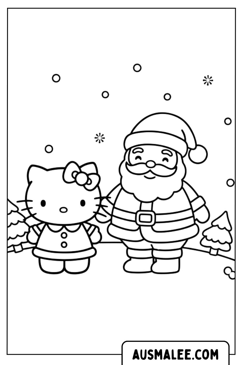 Coloriage Le Père Noël se tient avec Hello Kitty