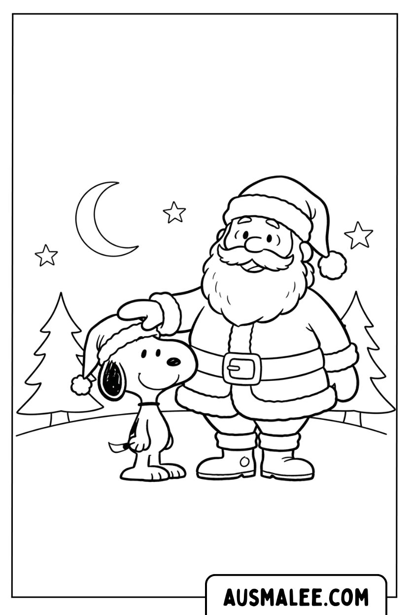 Coloriage Le Père Noël caresse Snoopy