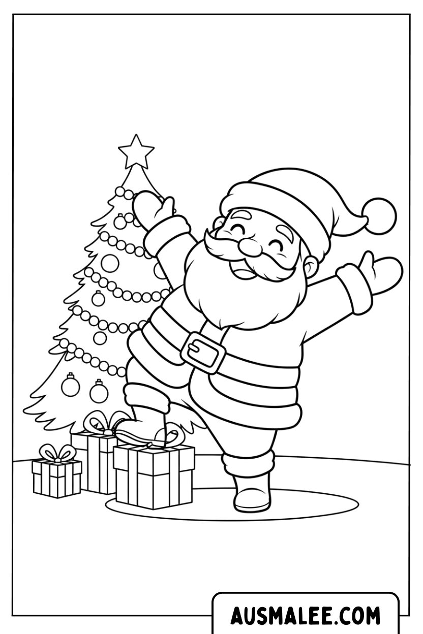 Coloriage Père Noël dansant sur l'arbre
