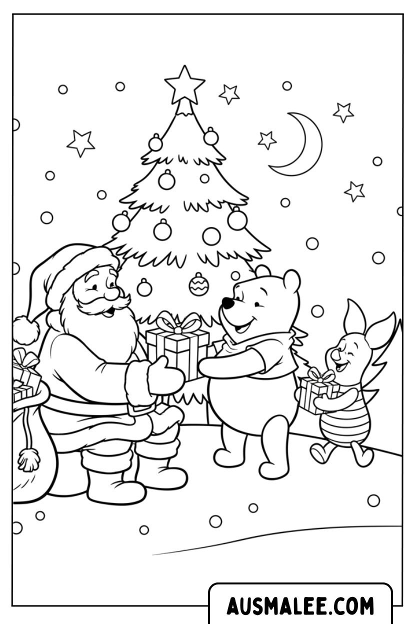 Coloriage Le Père Noël rencontre l'ourson et le porcelet