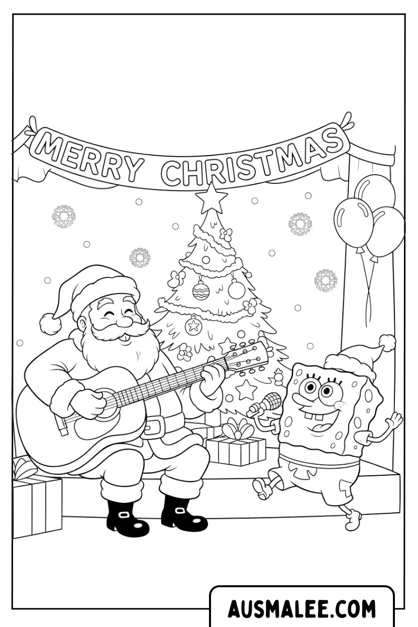 Coloriage Père Noël et Bob l'éponge chantant