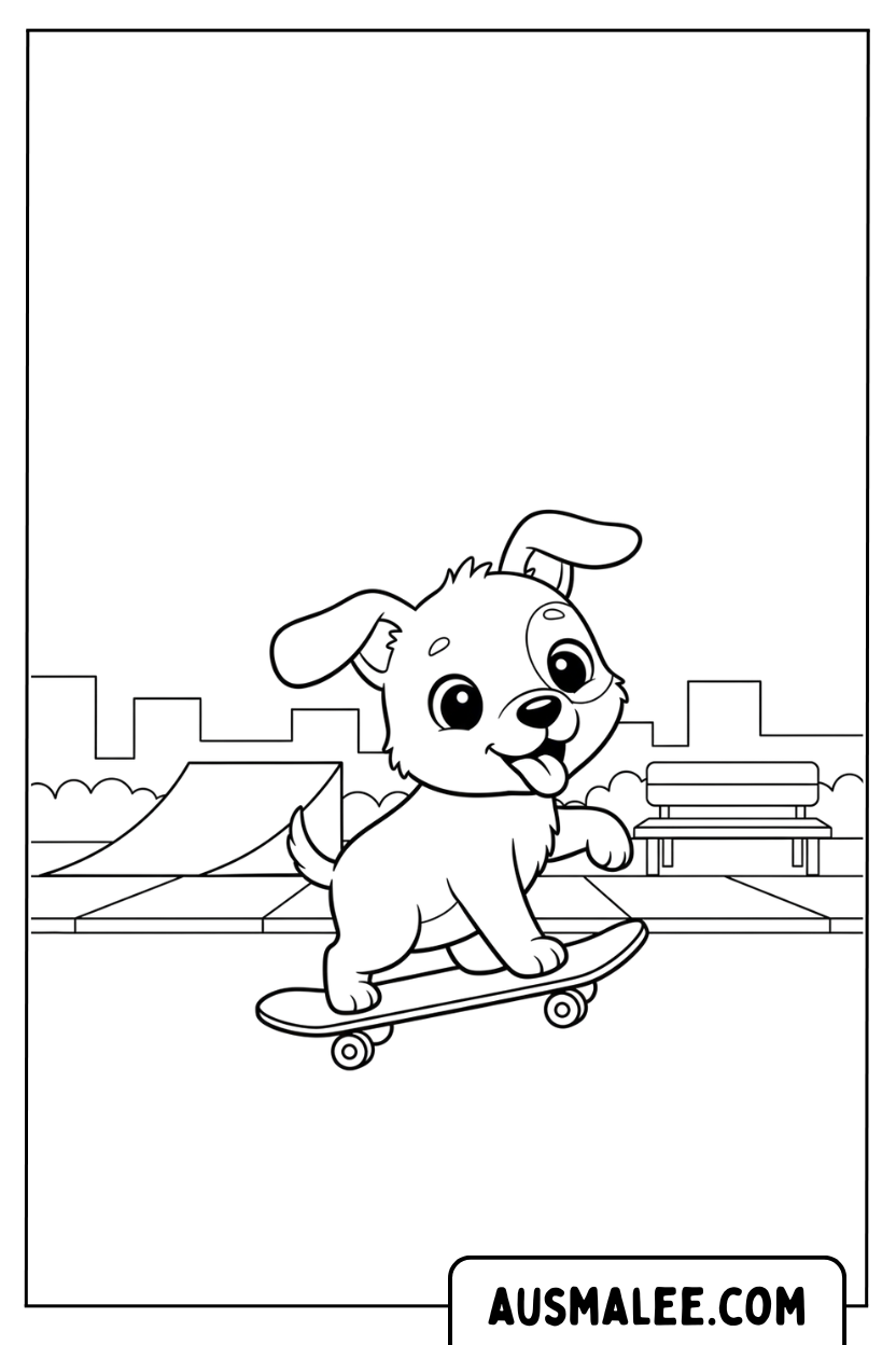 Kleurplaat Puppy rijdt skateboardpark