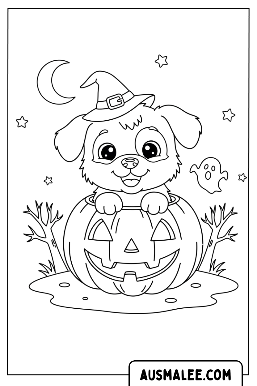 Kleurplaat Puppy in pompoen Halloween