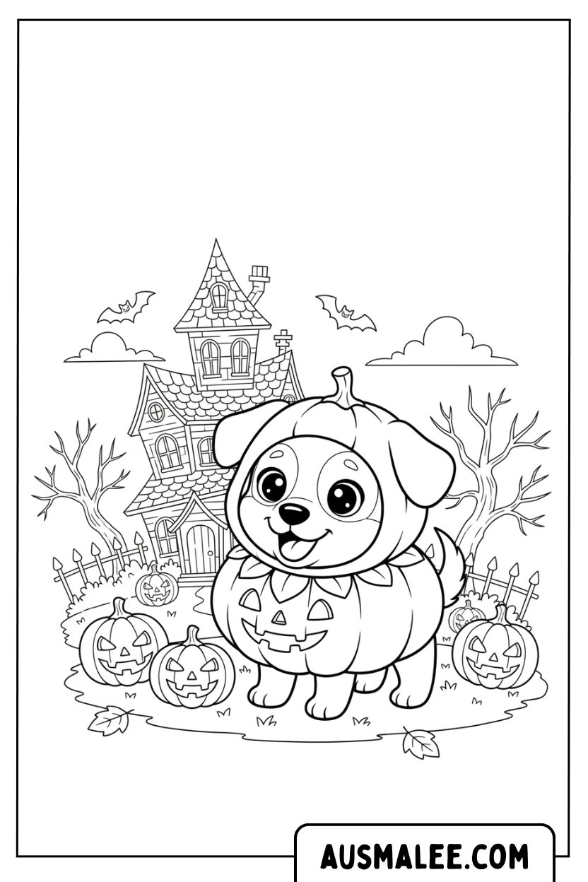 Kleurplaat puppy in pompoenkostuumhuis
