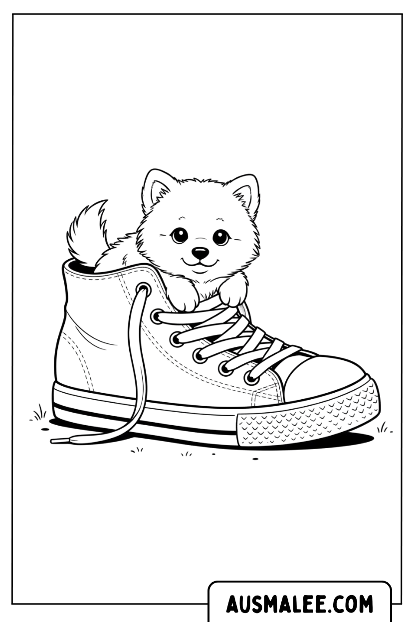 Kleurplaat puppy in sportschoenen