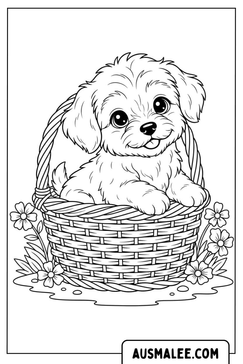 Kleurplaat Puppy liggend in een mand met bloemen