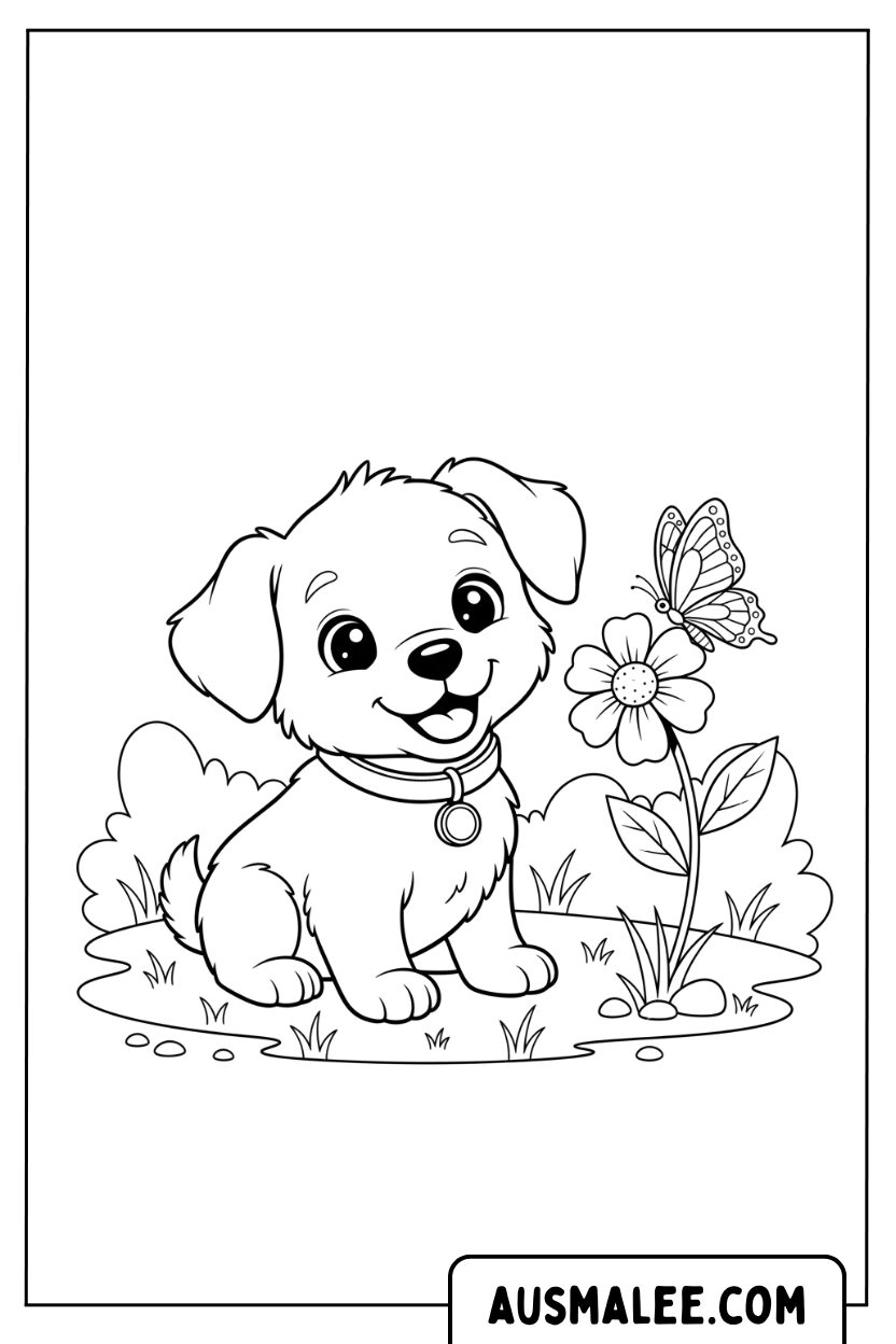 Kleurplaat puppy met vlinderbloem