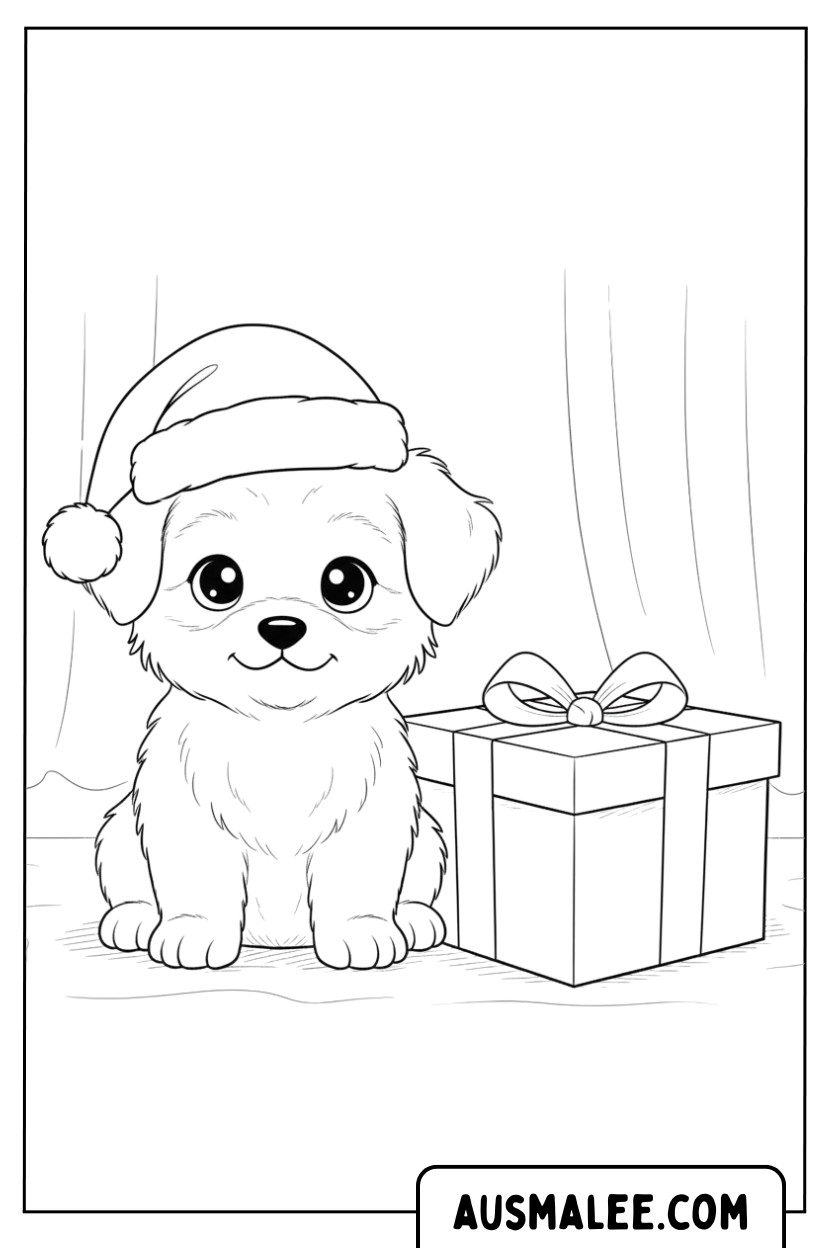 Kleurplaat puppy met kerstmuts cadeau