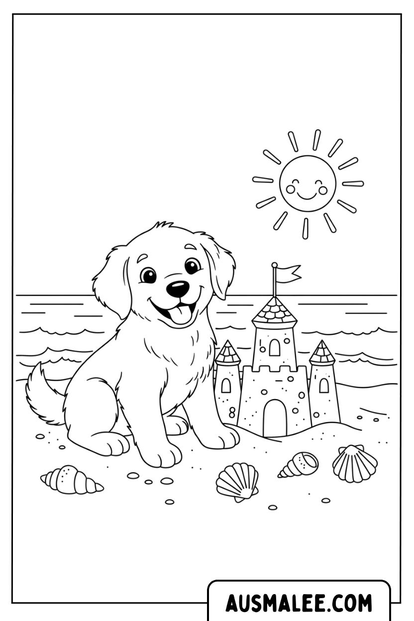 Kleurplaat Puppy zittend op het strand