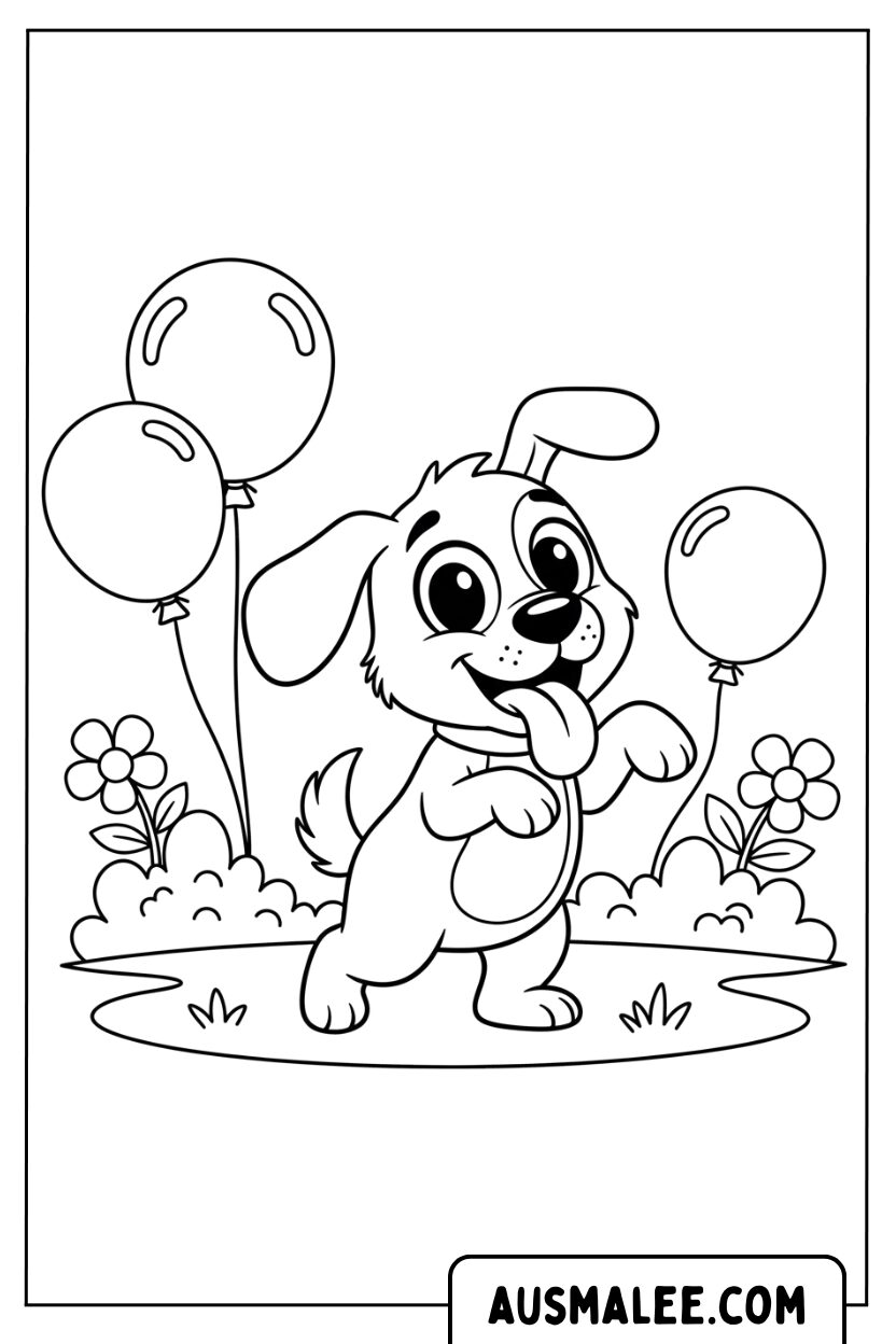 Kleurplaat puppy speelt met ballonnen