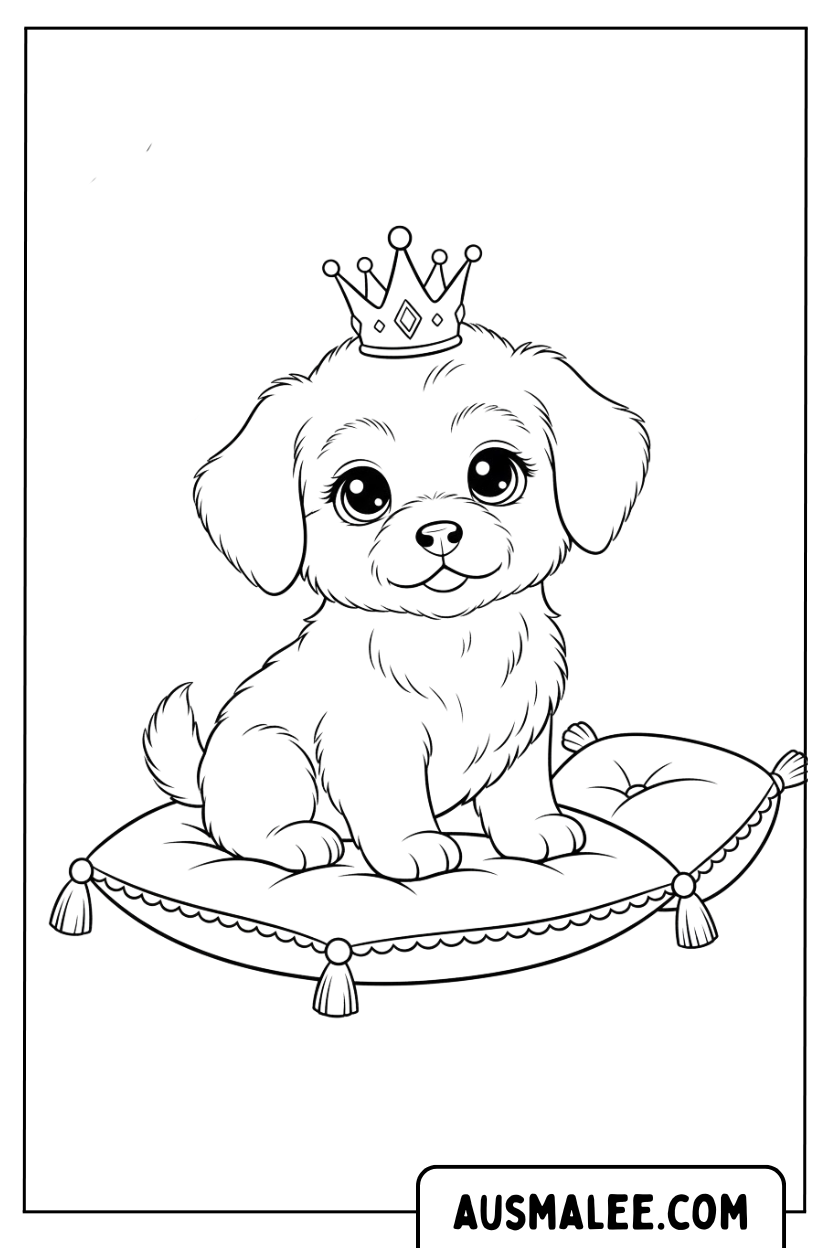 Kleurplaat puppy met kroonkussen