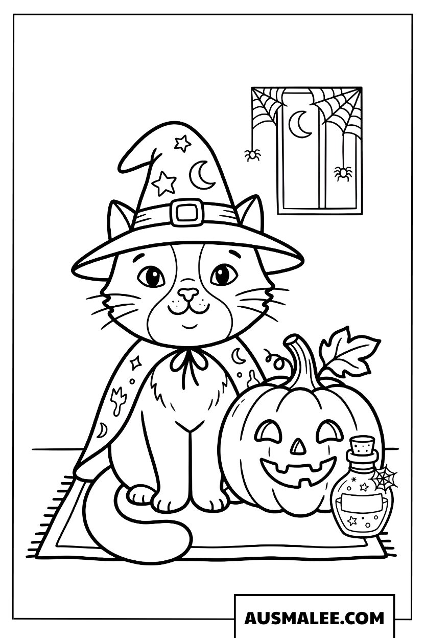 Coloriages Halloween chat avec chapeau de sorcière et citrouille
