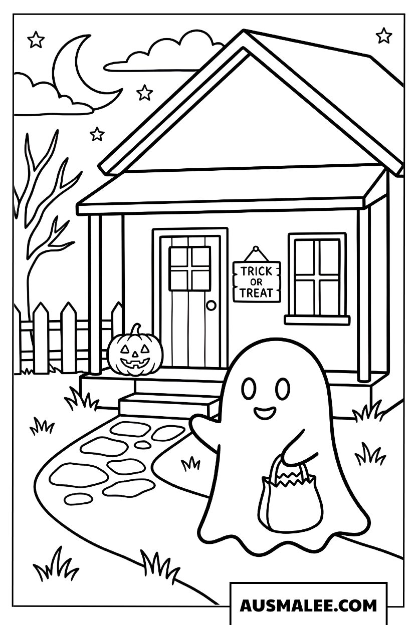 Coloriages Halloween petit fantôme devant la maison